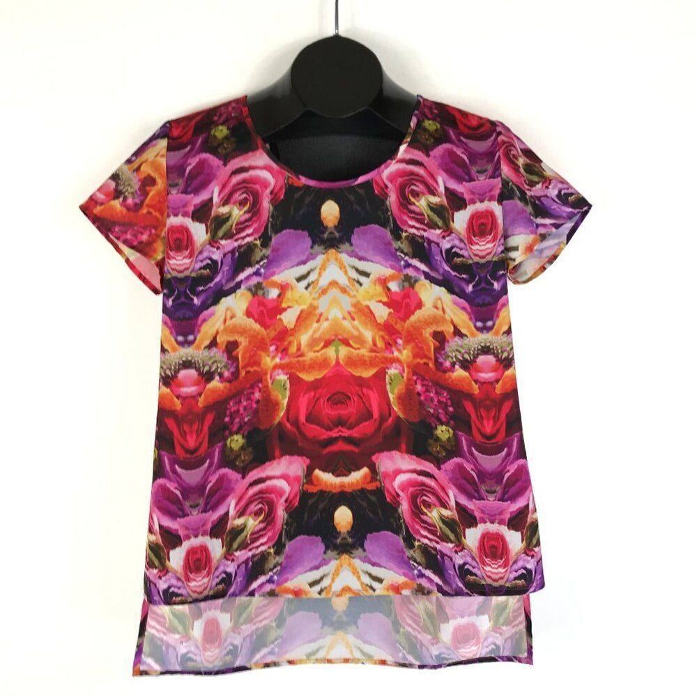Trouve Mirrored Floral Print Hi-Lo Top Women's Medium Mesh Casual Summer Vibrant